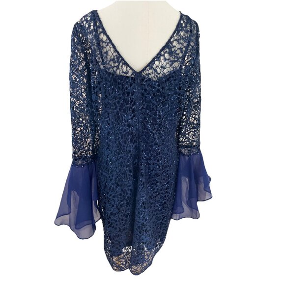 Alex Evenings Sheer Lace Sequin Dress w/ Slip Navy Bell Sleeves Fairy Whimsical - Picture 7 of 13